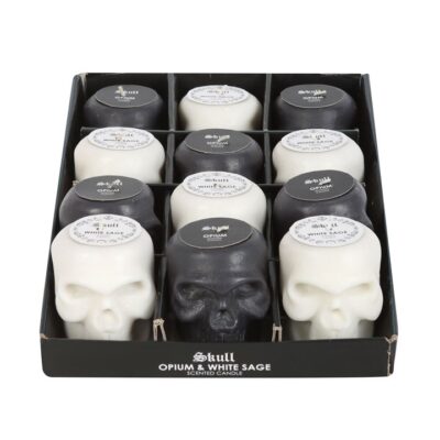 Alternative view of Set of 12 Opium & White Sage Skull Candles in Display