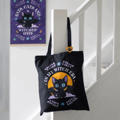 In My Witch Era Bat Cat Polycotton Tote Bag with Enamel Pin