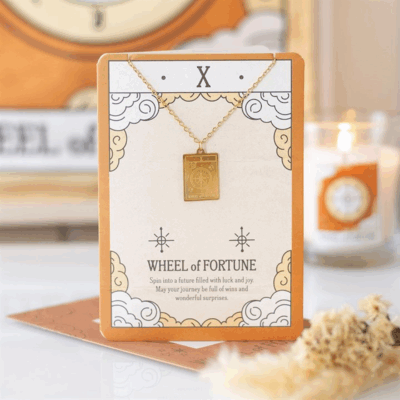 The Wheel of Fortune Vintage Tarot Necklace on Greeting Card
